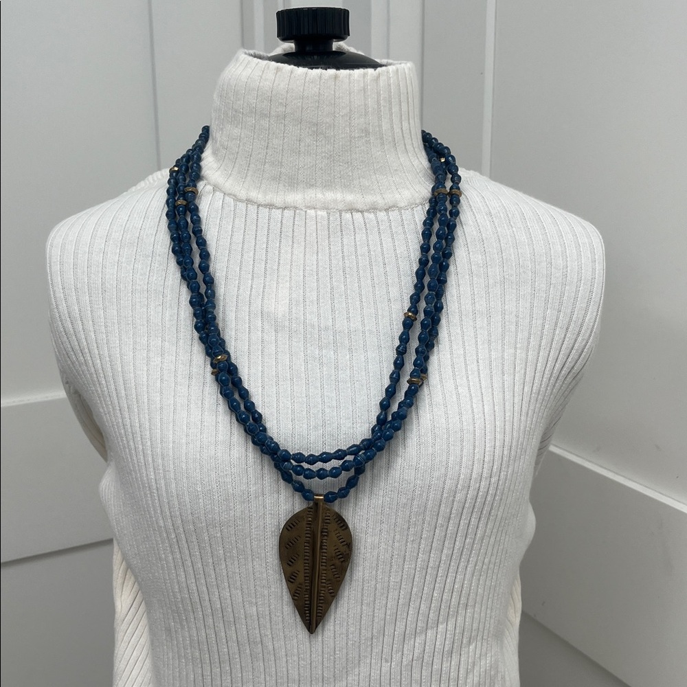 Akola Project Blue Beaded Necklace with Bronze Leaf Pendant